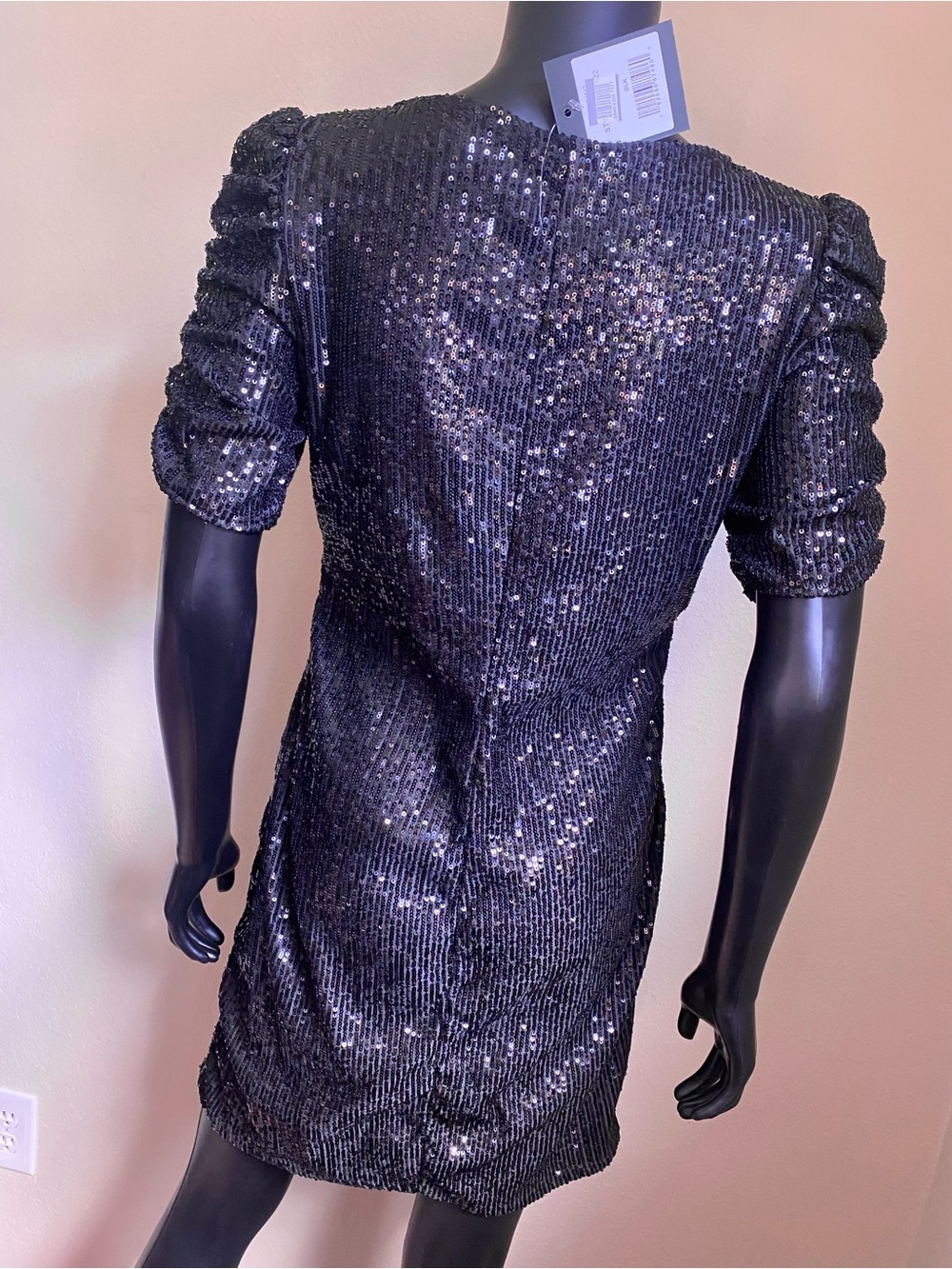 MARINA Black Ribbed Sparkling Sequin Mini Dress - Picture 8 of 11